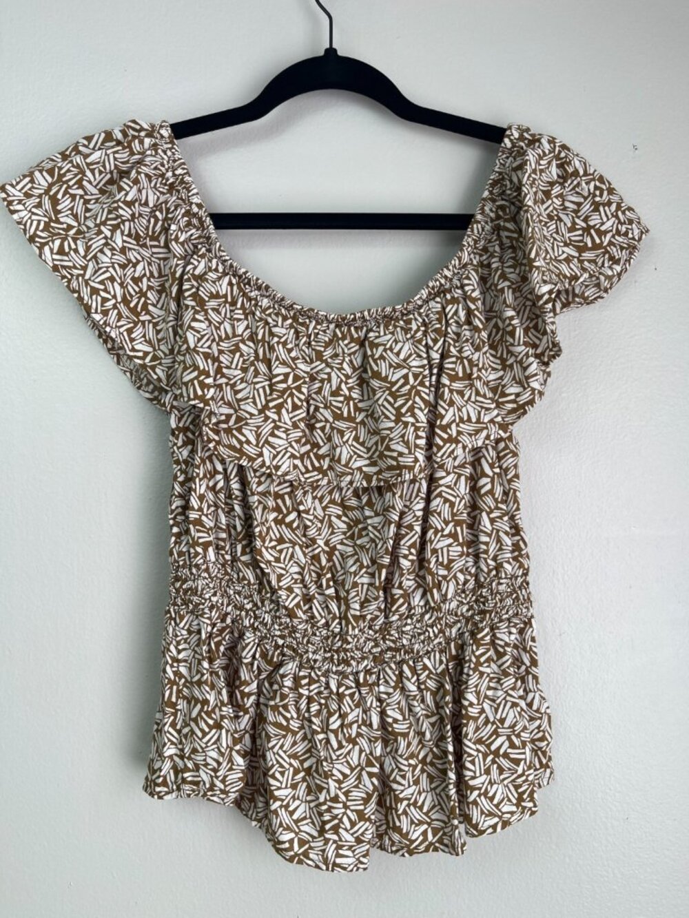 Old Navy Off Shoulder Peplum Top Womens Medium Brown White Print Boho Blouse